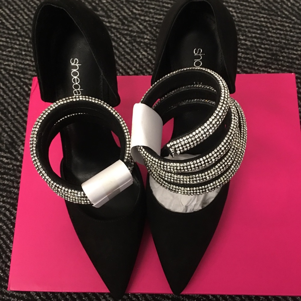 Black ankle strap rhinestone embellished 4 inch hells